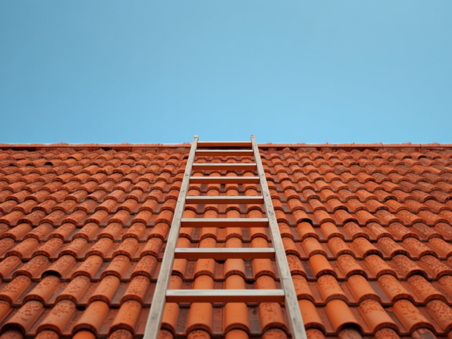 Toiture en tuiles rouges avec une échelle posée contre le toit, ciel dégagé